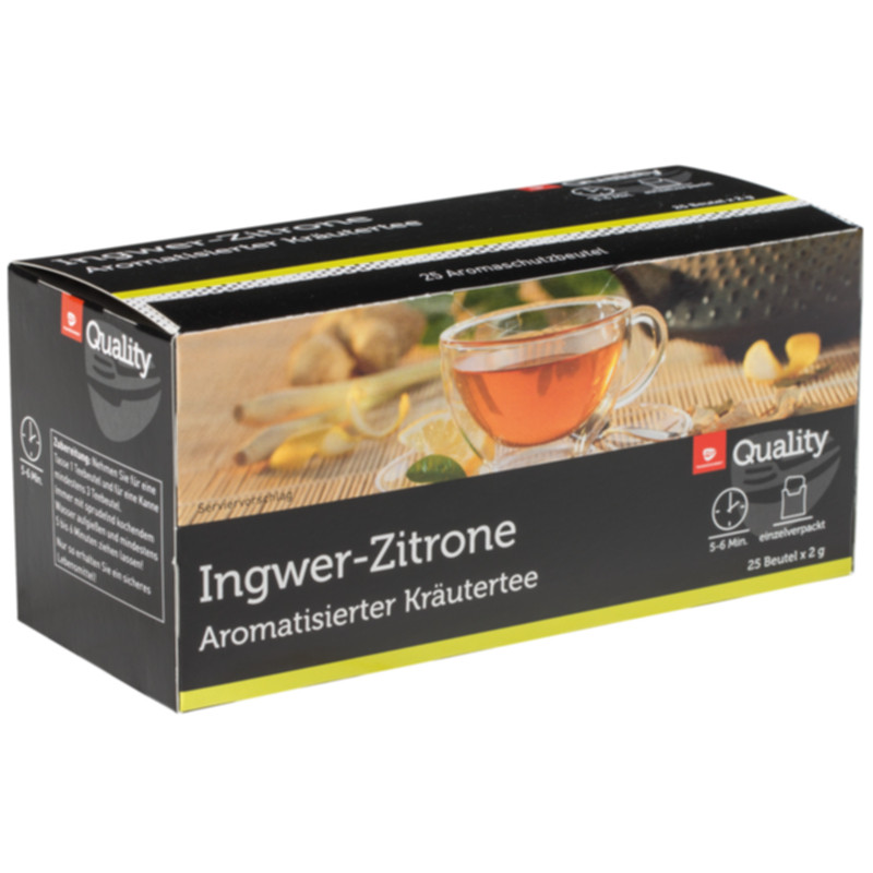 Quality Tee Ingwer Zitrone Tassenportionen im Aromaschutzbeutel 25er erfrischender Kräutertee mit Ingwer und Zitronengeschmack